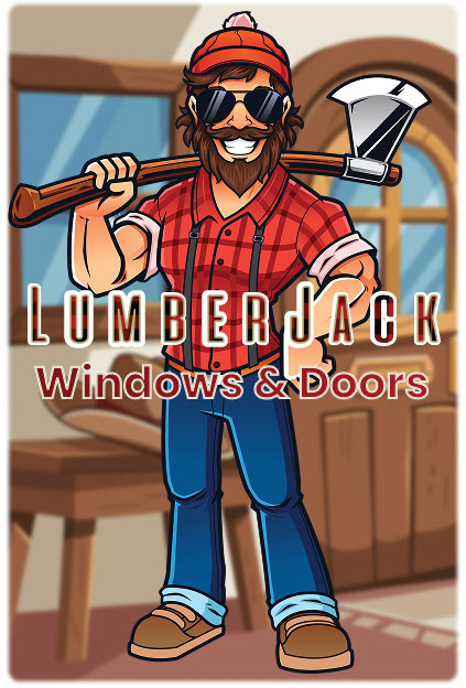 Lumberjack Windows & Doors logo with cartoon mascot holding axe