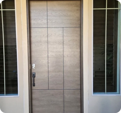 Modern wood front entry door with sleek panel design