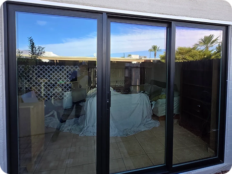 Black aluminum three-panel sliding glass door replacement