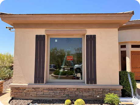Energy-efficient fixed picture window with beige frame